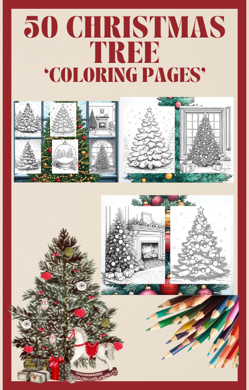50 Christmas Tree Coloring Pages - Coloring Book for Adults and Kids, Christmas Coloring Sheets, Instant Download, Printable PDF File.